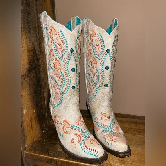 Corral Embroidered Heeled Cowgirl Boots - Cream and Multicolor - Picture 9 of 10